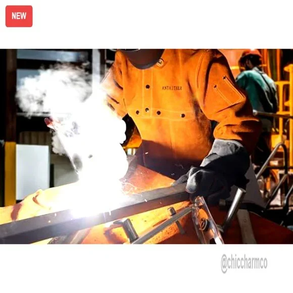 Leather Welding Jacket with Bib Apron, Heat Flame Resistant Work Coat